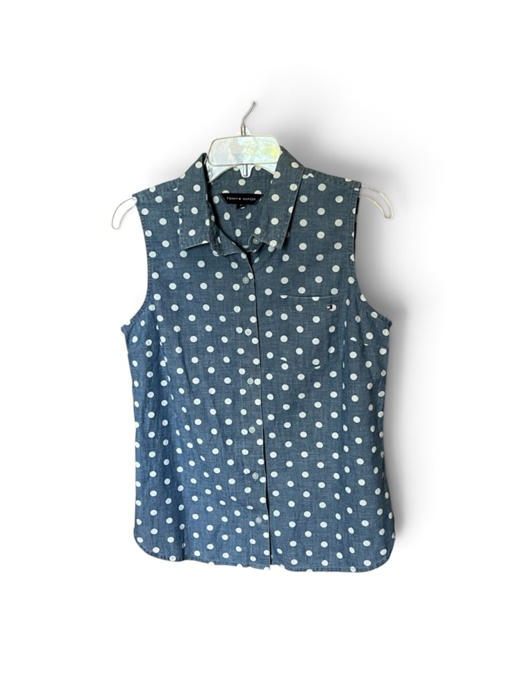 Tommy Hilfiger Blue/White Dot Sleeveless Chambray Button Down Shirt Size Small